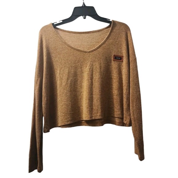Artic‎ Brown Long Sleeve V-Neck Crop Top Casual Comfy Pullover Large - Picture 1 of 5